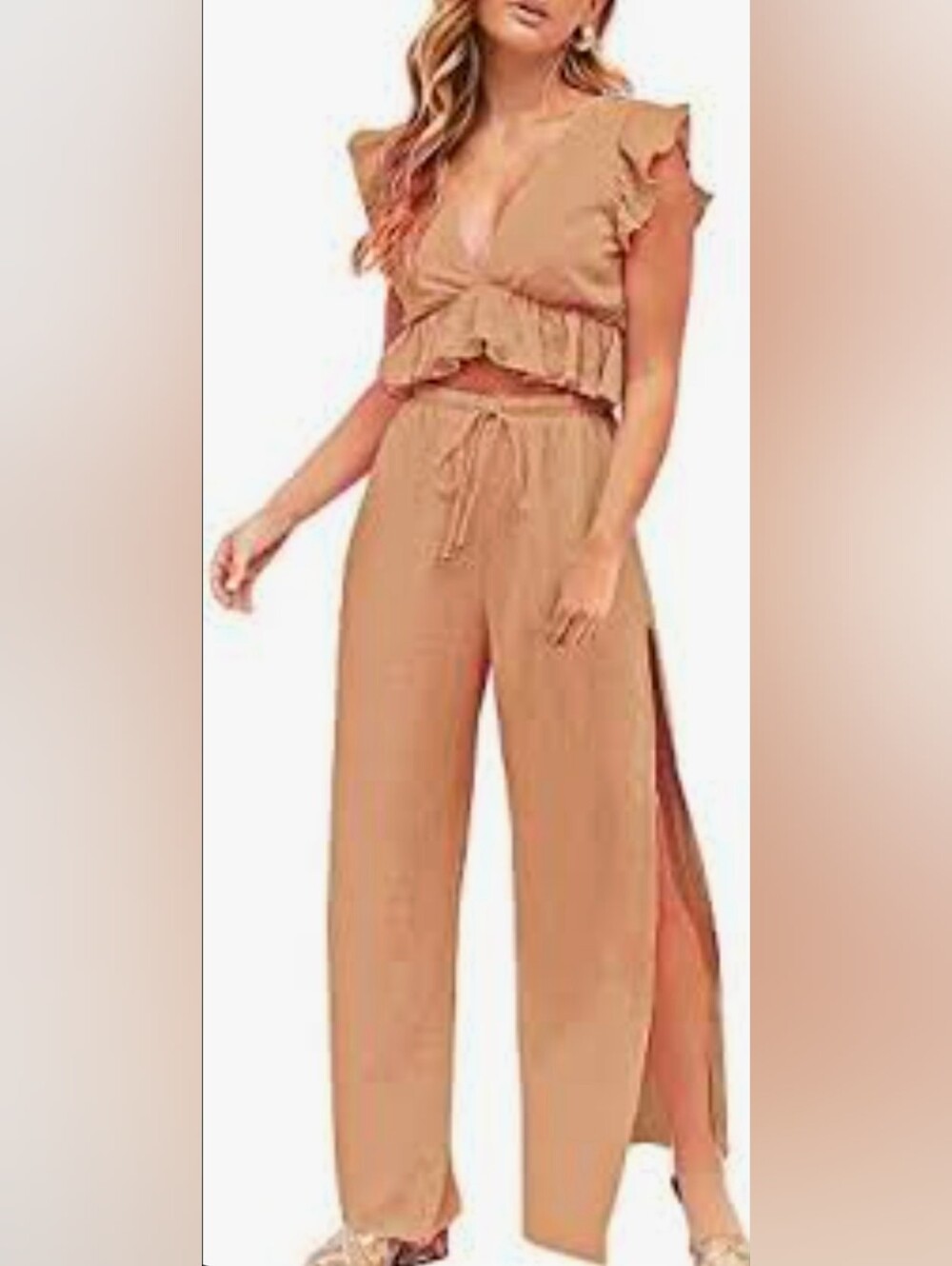 Fancyinn Kaki 2Piece Lounge Ruffle Crop Top & Drawstring Open Leg Pants Set Xs/S